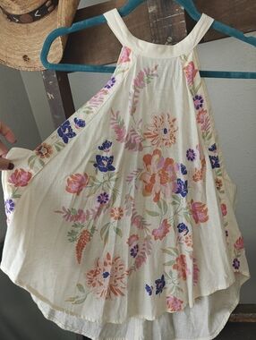 Free People Emily Cream Floral High-Low Skirt with Pink Orange Purple Accents